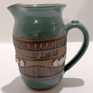 Down to Earth 5" Pottery Pitcher Ed Schrock Green Brown Christian Verse John 9:5